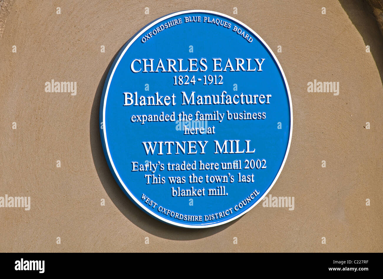 Blue plaque on Early`s Blanket Mill, Witney, Oxfordshire, England, UK